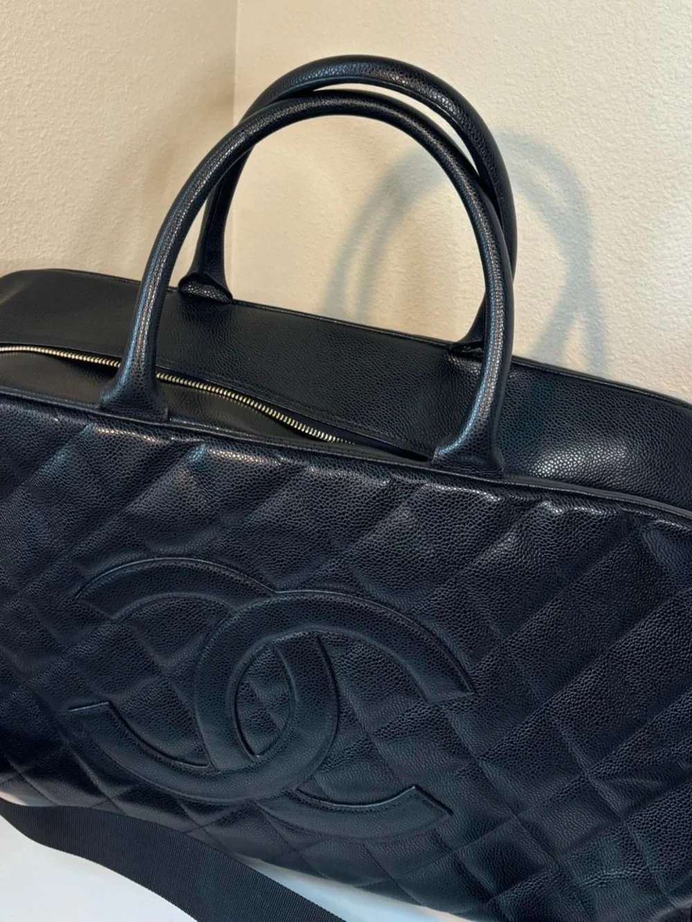 CHANEL Black Quilted Caviar Leather Tote with CC Emblem